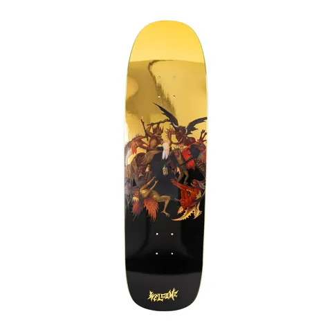 Welcome Torment on Golem - Black/Gold Foil - 9.25 skateboard deck: A painted scene of a robed figure surrounded by demons and winged monsters, in a classical old master style, on a shaped deck fading from gold foil at the top to black, with a gold logo at the tail.