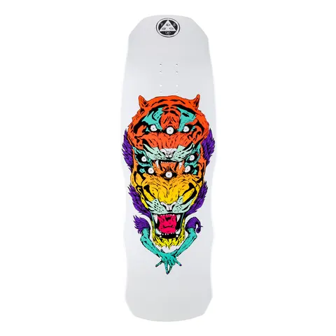 Welcome Triger on Dark Lord - White Dip - 9.75 skateboard deck: Stacked three-faced tiger with multiple eyes in orange, yellow and teal, topped with purple feathers or fur and a teal hand beneath, on a white old-school shaped deck with a Welcome logo at the top.