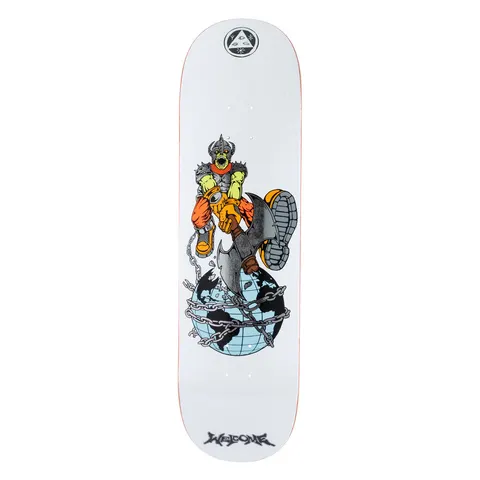 Welcome Unchained on Evil Twin 875 - White/Silver Foil - 8.75 skateboard deck: White deck with a green-skinned spiked-helmet warrior with an axe and orange boots stamping on a chained globe, a boot sole in the foreground. Welcome logo at the nose and lettering at the tail.