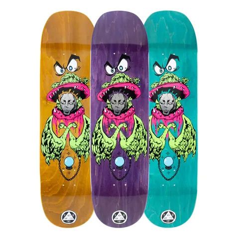 Welcome Victim of Time on Moontrimmer 2.0 - Various Stains - 8.5 skateboard deck: Illustration of a grey sleeping face under a pink toothed mushroom-cap hat with scowling eyes above, framed by two green swans or geese, with a crystal ball on a chain below. Shown in orange, purple and teal stains.