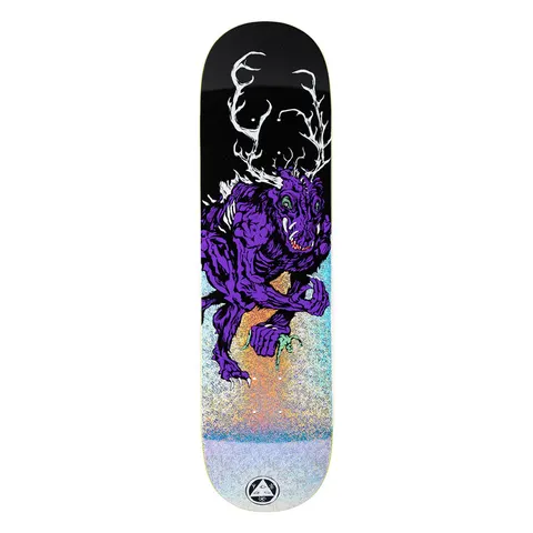 Welcome Wendigo on Evil Twin - Black/Glitter Foil - 8.5 skateboard deck: Purple inked antlered wendigo creature crouching with fangs bared on a black upper deck, fading into a glittering holographic foil lower half. Small Welcome triangle logo at the tail.