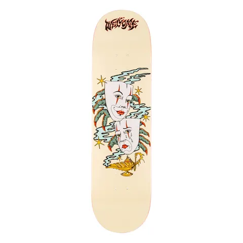 Welcome Wish on Popsicle - Bone - 8.50 skateboard deck: Two white theatre masks, one smiling and one crying, held by green clawed hands in blue smoke with gold stars, above a golden genie lamp. Cream deck with a red-brown flame-style Welcome logo at the top.