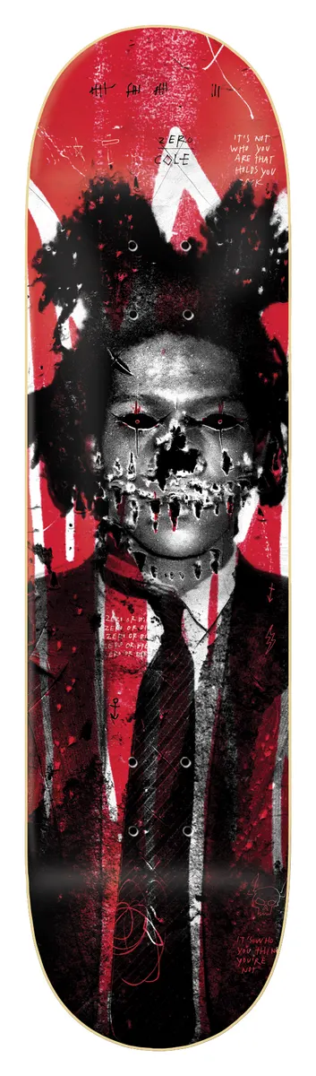 Zero 27 Club - Cole 8.25 skateboard deck: Grungy black and white portrait of a man with a big hair, suit and tie, his mouth stitched like a skeleton's teeth, over a red distressed background with scrawled handwritten text.