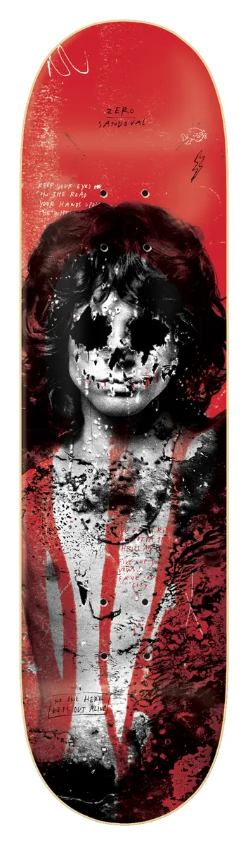 Zero 27 Club - Sandoval 8.125 skateboard deck: Black and white photographic portrait of a long-haired figure in an open jacket, with the face obscured by a skull-like blotchy mask, over a red background with handwritten scrawled text and splatters.