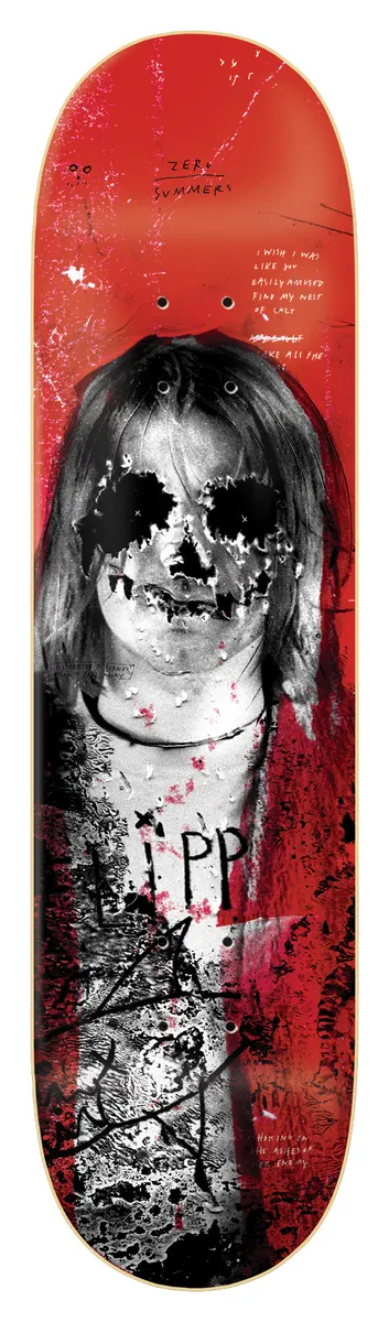Zero 27 Club - Summers 8.25 skateboard deck: A greyscale photographic portrait of a long-haired figure with the face eaten away into a skull-like pattern, over a red collage with scrawled handwriting and scratchy marks. Part of Zero's 27 Club series.