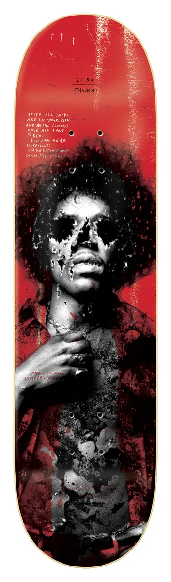 Zero 27 Club - Thomas skateboard deck: A greyscale photographic portrait of a man with a large afro and open shirt, face eaten away into a skull-like pattern, over a red collage with scrawled handwritten verse. Part of Zero's 27 Club series.