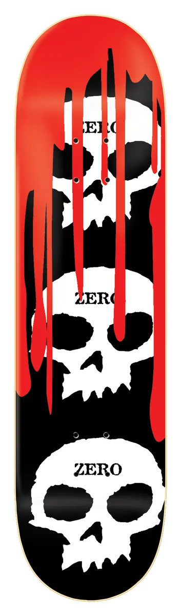 Zero 3 Skull Blood - Black skateboard deck: Three white Zero skulls stacked down a black deck, each labelled ZERO, with thick red blood dripping down from the top over the upper skulls.