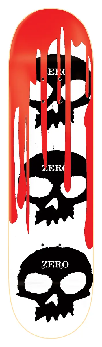 Zero 3 Skull Blood - White skateboard deck: Three stacked black Zero skulls on a white deck, each with the brand name on its forehead, with thick red blood dripping down from a red band at the top over the upper skulls.