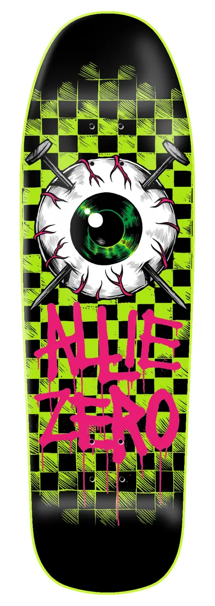 Zero Allie - Eyeball 9.5 skateboard deck: Large bloodshot green-eyed eyeball pierced by two nails over a green and black checkerboard, with dripping pink 'ALLIE ZERO' lettering. Shaped deck with a black base.