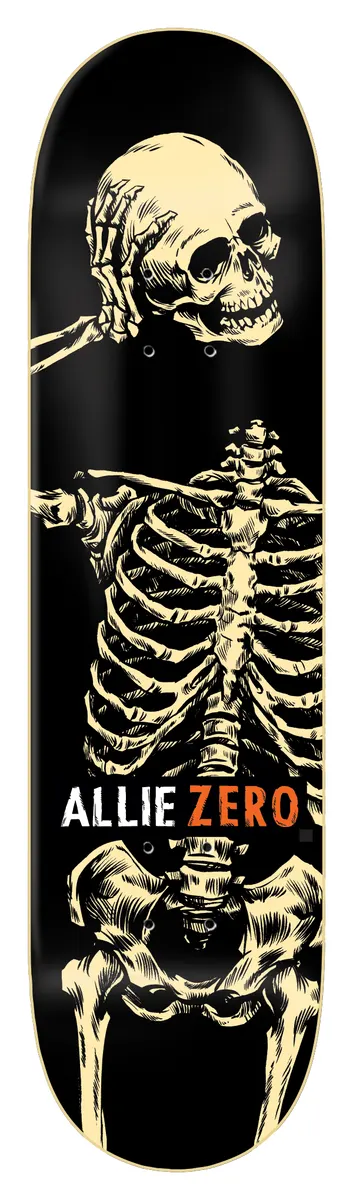 Zero Allie - Headcase skateboard deck: Cream-coloured engraved skeleton with a hand raised to its skull's ear, ribcage and pelvis visible, on a black deck. ALLIE ZERO in white and orange lettering across the middle.