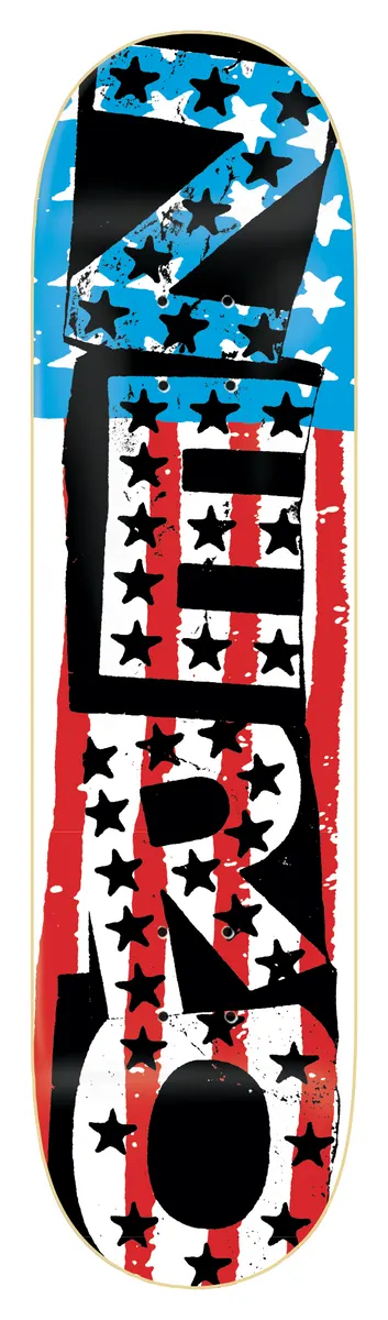 Zero American Punk skateboard deck: Brand name in torn, black stencil-style letters laid over an American flag pattern with black stars replacing the usual white ones, on a black deck.
