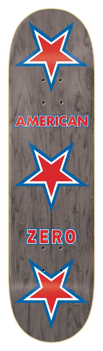 Zero American Zero (Assorted) 7.75 skateboard deck: Three red five-pointed stars with blue and white outlines stacked down a grey-stained deck, with 'American' and 'Zero' in red block letters with blue outline between them.