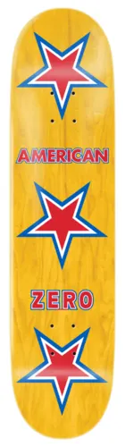 Zero American Zero (Classic Yellow) skateboard deck: Yellow wood-grain deck with three red, blue-outlined stars running down the deck, the words 'American' and 'Zero' in red capitals between them.