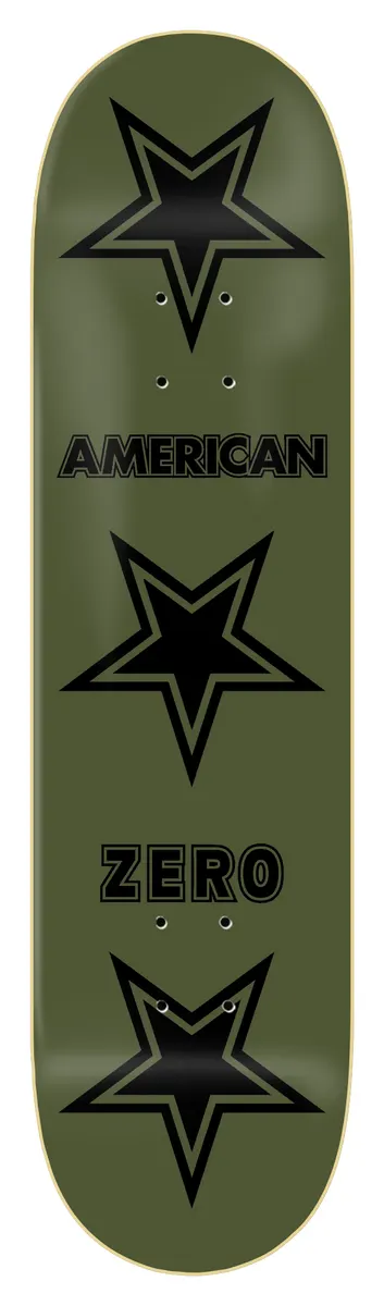 Zero American Zero - Military Green/Black skateboard deck: Three large black outlined stars stacked down an olive green deck, with 'American' and 'Zero' in black outlined capitals between them.
