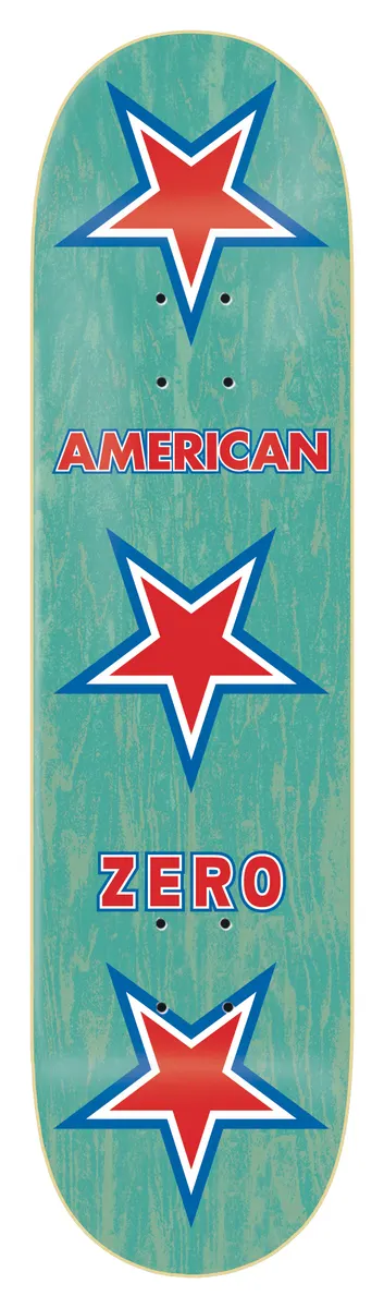 Zero American Zero (Pastel) skateboard deck: Three red stars with blue and white outlines stacked down a teal-stained deck, with the words American and Zero in red and blue block capitals between them.