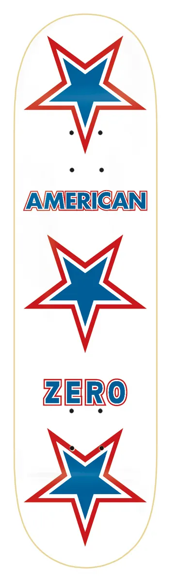 Zero American Zero - White - 8.25 skateboard deck: Three red-outlined blue stars stacked down a white deck, with the words AMERICAN and ZERO in blue block capitals with red outlines between them.