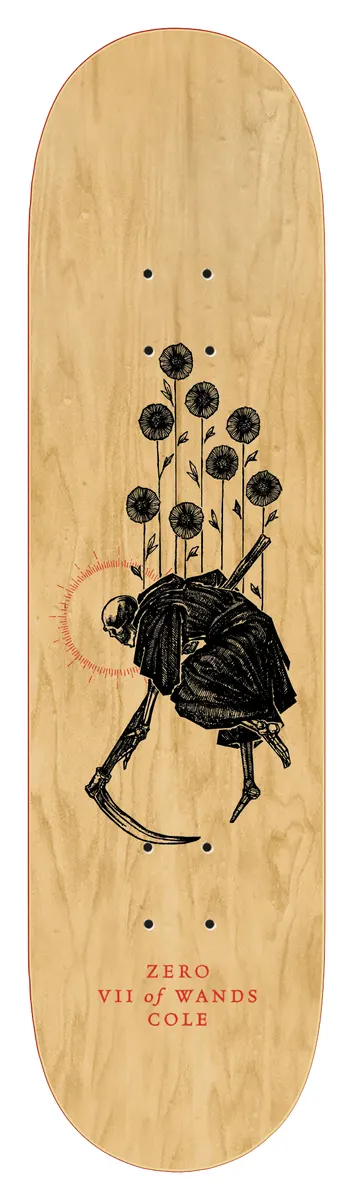 Zero Arcana - Cole 8.25 skateboard deck: Black line illustration of a hooded skeleton reaper crouching with a scythe beneath a row of tall flowers, with a red sunburst outline, printed on a natural wood veneer deck. Red tarot-style title text at the tail.