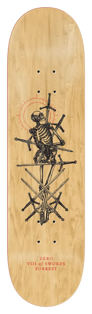 Zero Forrest - Arcana 8.5 skateboard deck: Natural wood deck with a black line engraving of a skeleton pierced by many swords, with a red sunburst circle behind its head. Red tarot-style caption below.