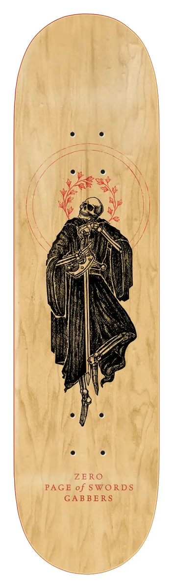 Zero Arcana - Gabbers 8.0 skateboard deck: Black line illustration of a cloaked skeleton holding a sword point-down, within a red laurel wreath and halo circle, on a natural wood veneer deck. Red tarot-style title text at the tail.