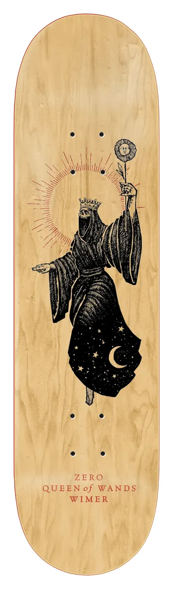 Zero Arcana - Wimer 8.5 skateboard deck: Tarot-style engraved figure of a crowned queen in dark robes holding a sunflower wand, her skirt a starry night sky with a crescent moon, with red sunburst rays behind her on natural wood. Red caption below.