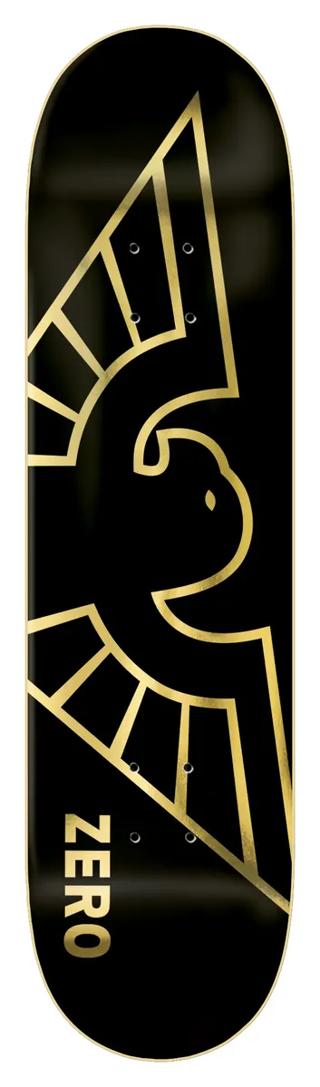 Zero Bird - Gold Foil skateboard deck: Gold foil outline of a bird with spread wings in a bold geometric style on a black deck, with a thin gold outline around the deck edge. Brand name in gold at the tail.