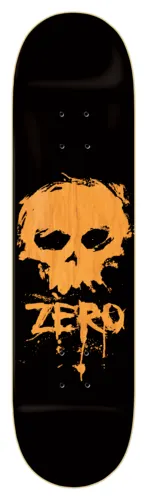 Zero Blood Skull Knockout 8.25 skateboard deck: A splattered, brush-painted skull in orange, with the wood grain showing through, above dripping Zero lettering on a black deck. The edge has a thin cream outline.