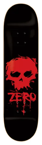 Zero Blood Skull skateboard deck: Black deck with a large red painted skull with drippy brush edges in the lower half. The Zero name is lettered across the bottom in red dripping script.