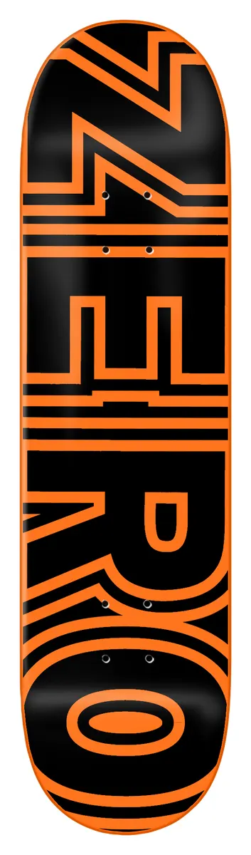 Zero Bold - Fluoro Orange skateboard deck: Large bold block letters spelling Zero in fluorescent orange outline run vertically down the whole length of a black deck.