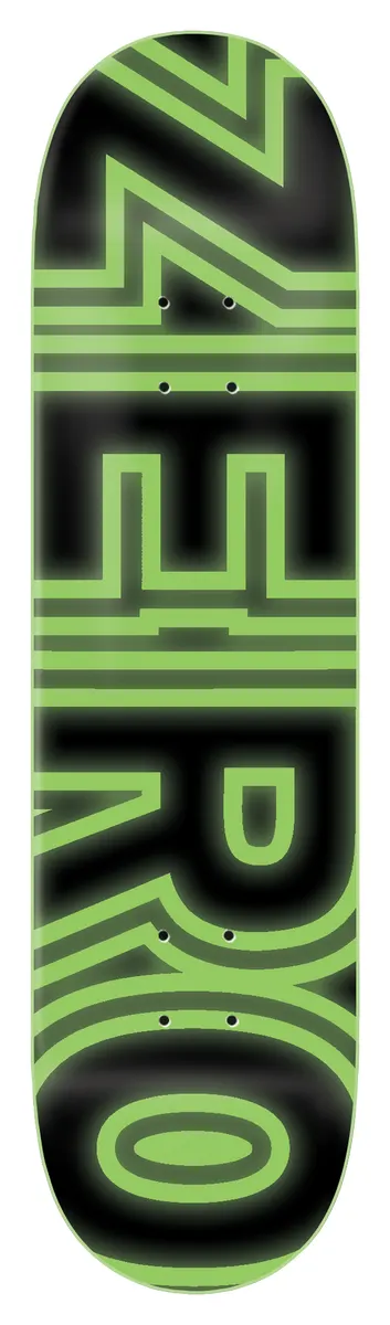 Zero Gitd Bold skateboard deck: Black deck with the ZERO logo in large outlined block capitals running the length of the board, drawn in glowing lime green lines.