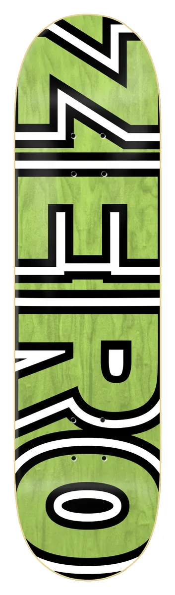 Zero Bold Green Veneer skateboard deck: Large bold block capitals reading ZERO, in white with black outlines, set vertically along the length of a green stained deck.