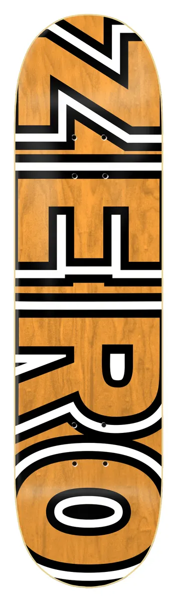 Zero Bold Orange Veneer skateboard deck: Large bold block capitals reading ZERO, in white with black outlines, set vertically along the length of an orange stained deck.
