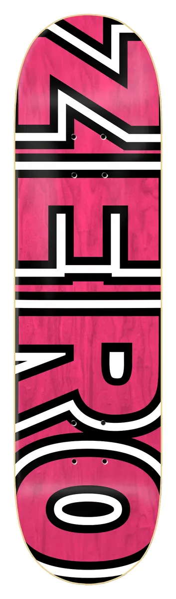 Zero Bold Pink Veneer skateboard deck: Large bold block capitals reading ZERO, in white with black outlines, set vertically along the length of a pink stained deck.