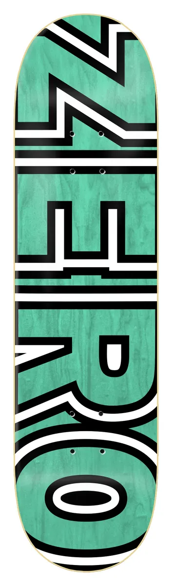 Zero Bold Teal Veneer skateboard deck: Giant white ZERO lettering with thick black outlines running the full length of a teal-stained deck, with the wood grain showing through.