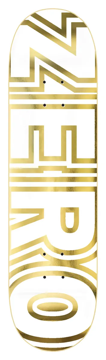 Zero Bold - White/Gold Foil skateboard deck: Large stacked ZERO block lettering outlined in gold foil on a plain white deck, the letters cropped and filling the full length.