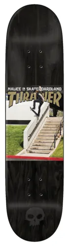 Zero Thrasher Cover - Brockman skateboard deck: Parody Thrasher magazine cover in the middle of a black deck, a skater boardsliding a handrail down stairs beside a lawn, with the line 'Malice in Skateboardland' above the Thrasher logo and a Zero skull below.