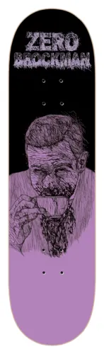 Zero Brockman - Zombie 8.375 skateboard deck: Sketchy ink drawing of a bearded man sipping from a cup, rendered in black line on a lilac field with his face and beard heavily scribbled. Rough grungy lettering at the top gives the brand and rider name.