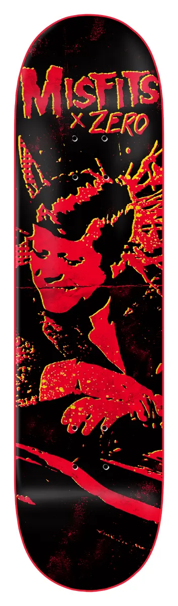 Zero Bullet - Red Dipped 8.375 skateboard deck: Black deck with Misfits x Zero lettering in red at the top over a red and orange high-contrast image of a man with a devilock leaning on a car, with a red edge dip.