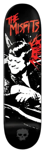 Zero Bullet skateboard deck: Black deck with The Misfits logo in red at the top over a stark black and white image of a man with a Misfits-style devilock leaning on a car, with a red splatter by his head and a Zero skull at the bottom.
