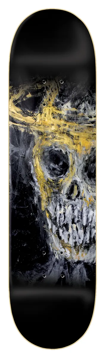 Zero Burman - Deville Skull 8.5 skateboard deck: Expressive painted skull wearing a loose yellow gold crown, cropped to the right side of the deck in grey, white and black brushwork.