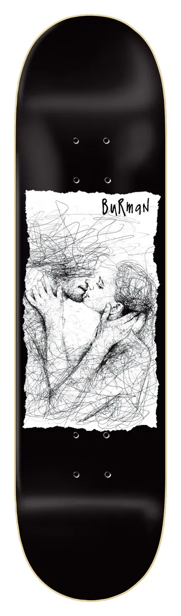 Zero Burman - Ilo Ballpoint skateboard deck: Scribbled ballpoint-pen drawing of two embracing, kissing figures on a torn white paper panel, on a glossy black deck, with the rider name handwritten at the top.