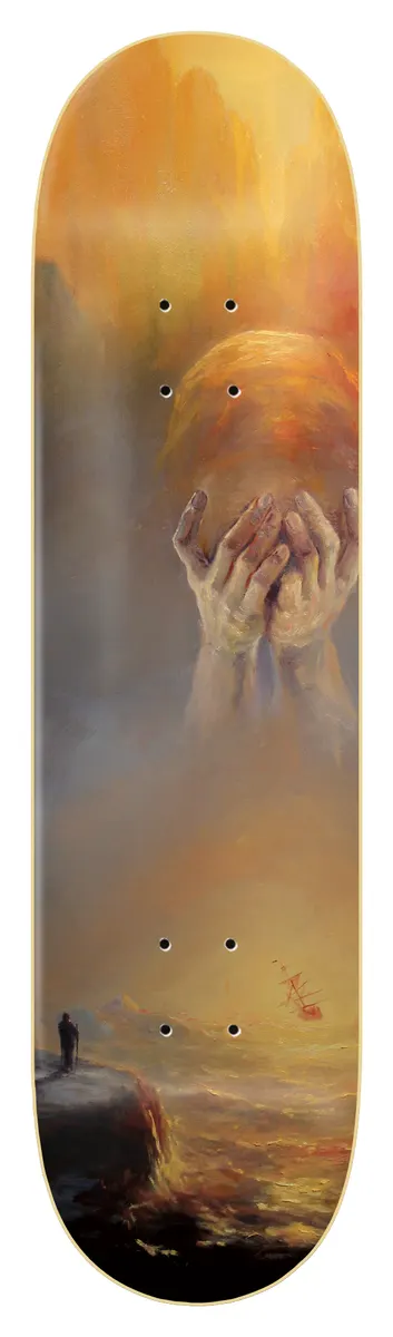 Zero Burman - Melancholy II skateboard deck: Moody oil painting of a pair of hands cupping a glowing orb above a stormy sea, with a lone figure on a cliff edge and a small sailing ship in the distance, in hazy gold and grey tones.