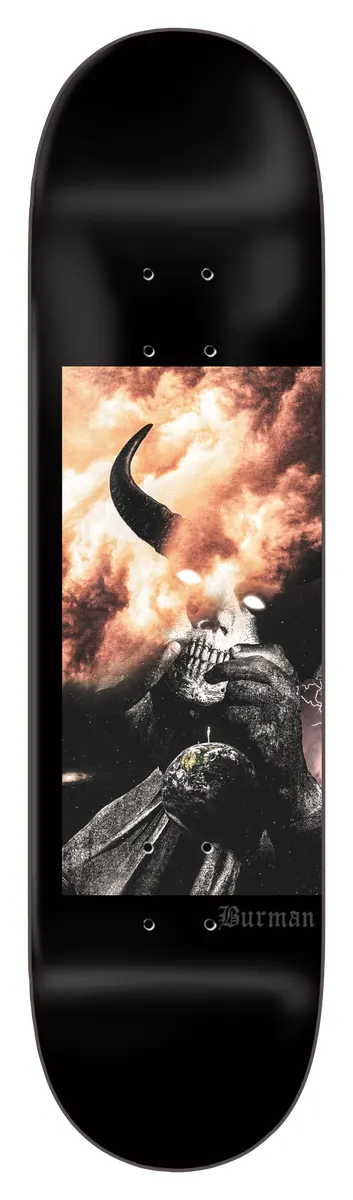 Zero Burman - Muff - 8.5 skateboard deck: Black deck with a rectangular photographic panel of a skull-faced figure with one dark horn clutching a small globe, against fiery orange clouds. Burman in small gothic script below.