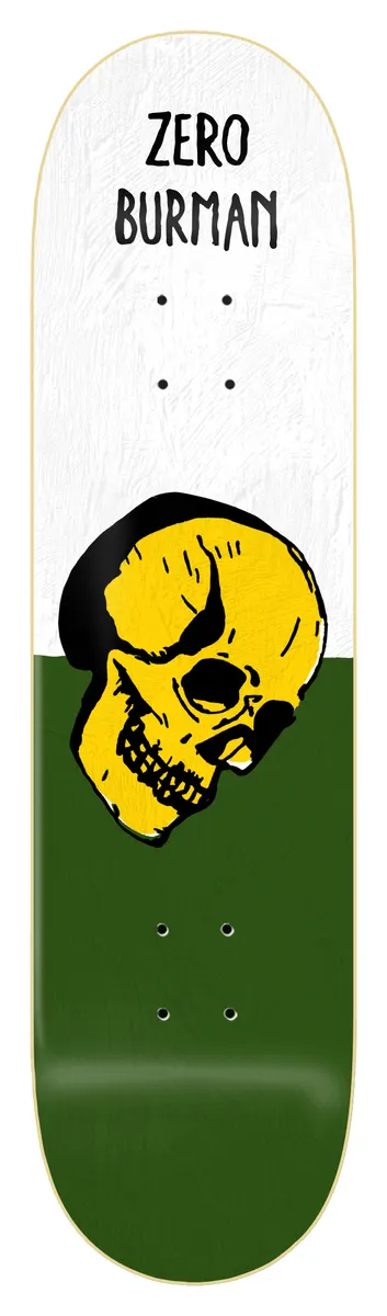 Zero Burman - Bowen Skull - 8.75 skateboard deck: Large yellow painted skull with black shading tilted at the centre, on a deck split into white on top and dark green below. Zero and Burman in black hand-drawn capitals at the top.