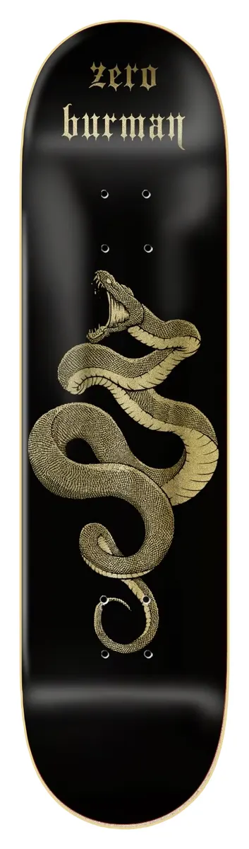 Zero Burman - Snake 8.25 skateboard deck: A gold-engraved coiled snake with open jaws and fangs rises on a black deck, with gothic lettering for the brand and rider name at the nose.