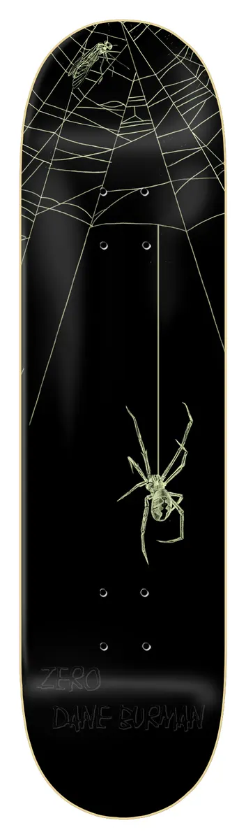 Zero Burman - Spider - 8.25 skateboard deck: Pale glow-style line drawing of a spider hanging on a thread below a cobweb, with a trapped fly at the top, on a black deck.