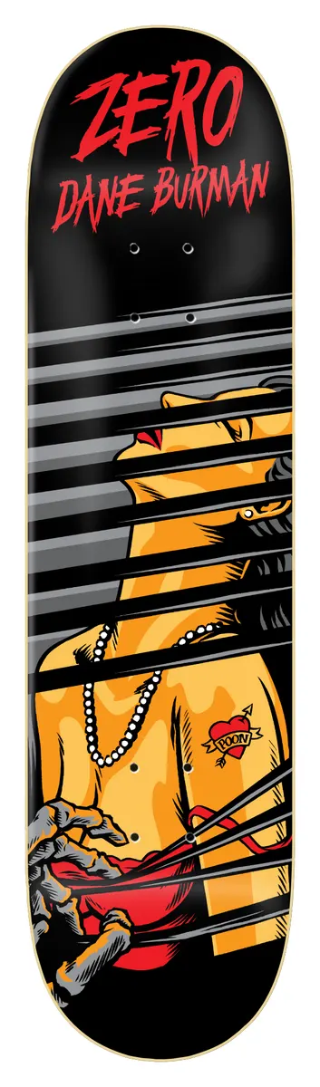 Zero Burman - Stalker skateboard deck: Cartoon illustration of a figure with a bead necklace and heart tattoo seen through window blinds, with a clawed hand reaching up with a red cloth. ZERO and Dane Burman are in red at the top of the black deck.