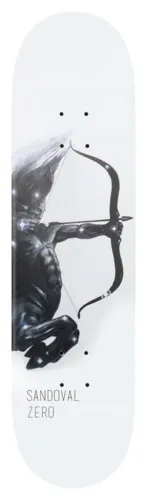 Zero Centaur - Sandoval skateboard deck: White deck with a dark, star-speckled centaur drawing a bow, its torso and hooves emerging from the left edge. The rider name and Zero are printed at the bottom.