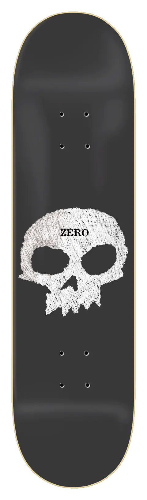 Zero Chalkboard Single Skull skateboard deck: Dark grey deck with a large white skull drawn in a rough chalk-scribble style, with the word ZERO in black serif capitals across its forehead.