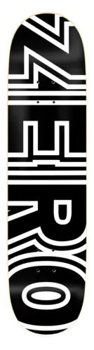 Zero Classic Bold skateboard deck: The word ZERO in large bold white outlined block capitals, running vertically down a black deck with a thin natural wood edge.