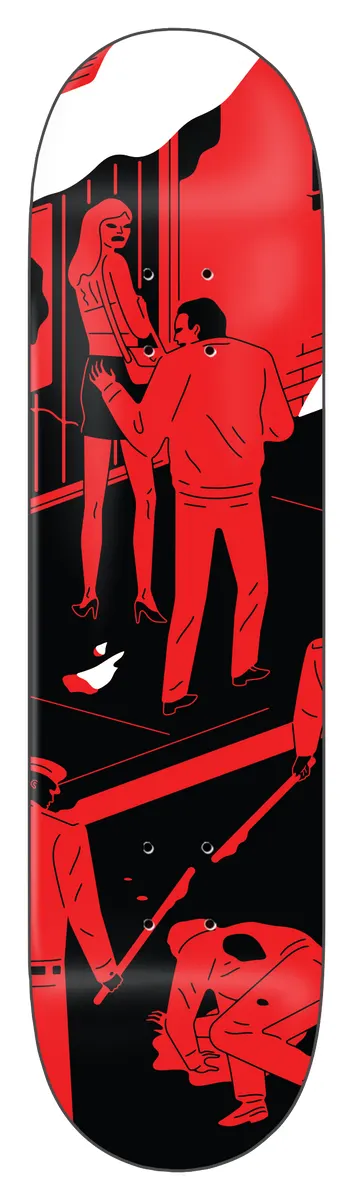 Zero Cleon Peterson *unsigned #1 Of 5 skateboard deck: Red and black flat illustration of a woman in a short skirt being grabbed by a man in a jacket in an alley, while two uniformed figures with batons beat a person on the ground. White cloud shapes at the top.